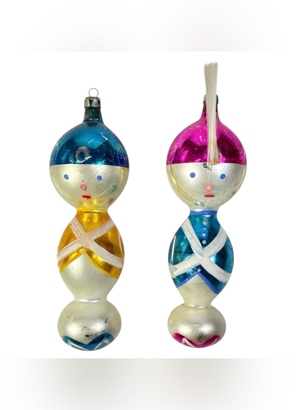 2 Vtg 6" Blown Frosted Mercury Glass Toy Soldier Christmas Ornament Poland Lot 2